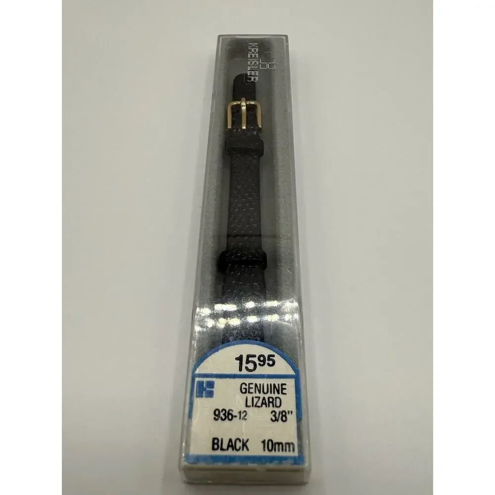 10mm KREISLER Genuine Lizard Black NOS Vintage Watch Band & Gold-Tone Buckle